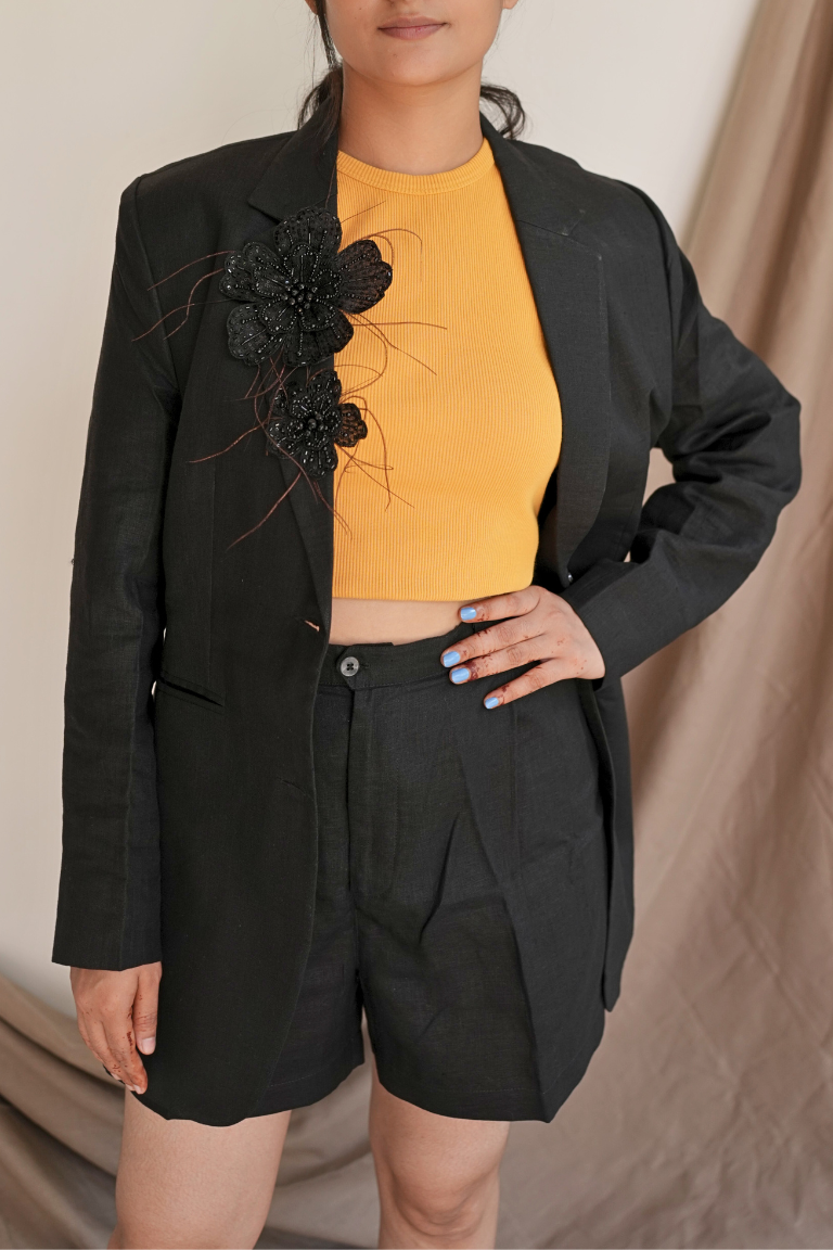 Linen Black Blazer for Women with Hand-Embroidered Floral Design