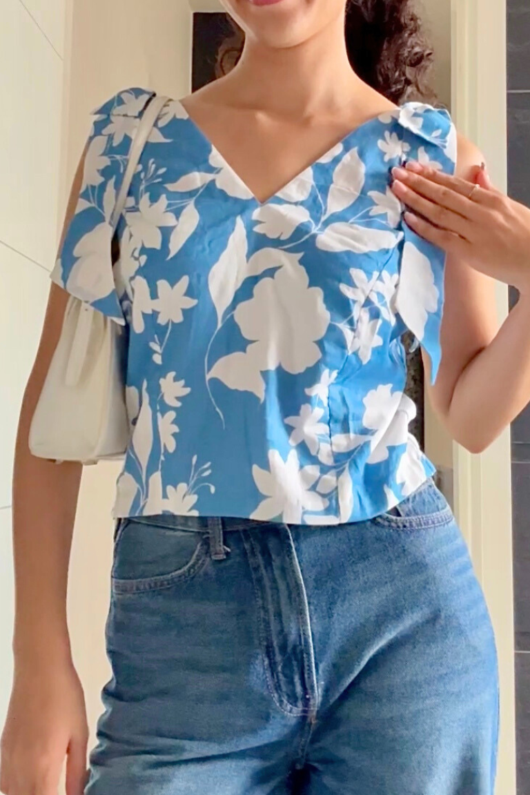 Blue Floral Bow Top