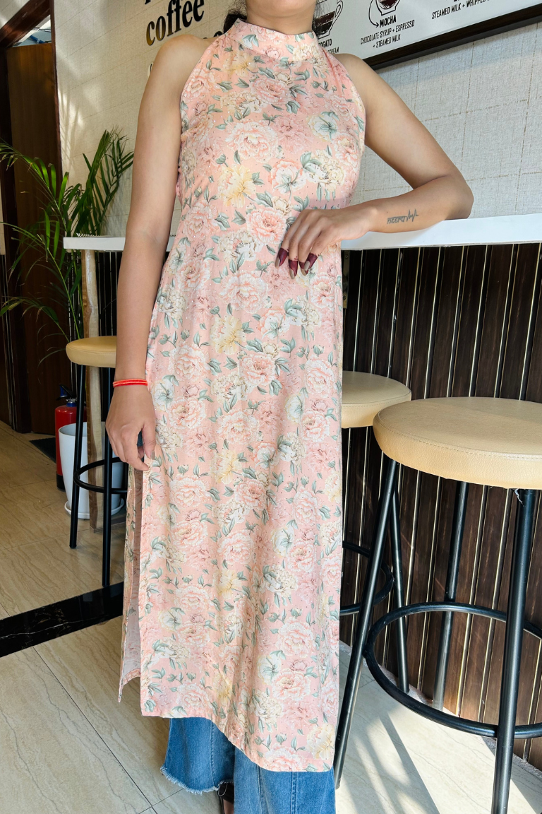 Floral Pink Halter-Neck Kurti