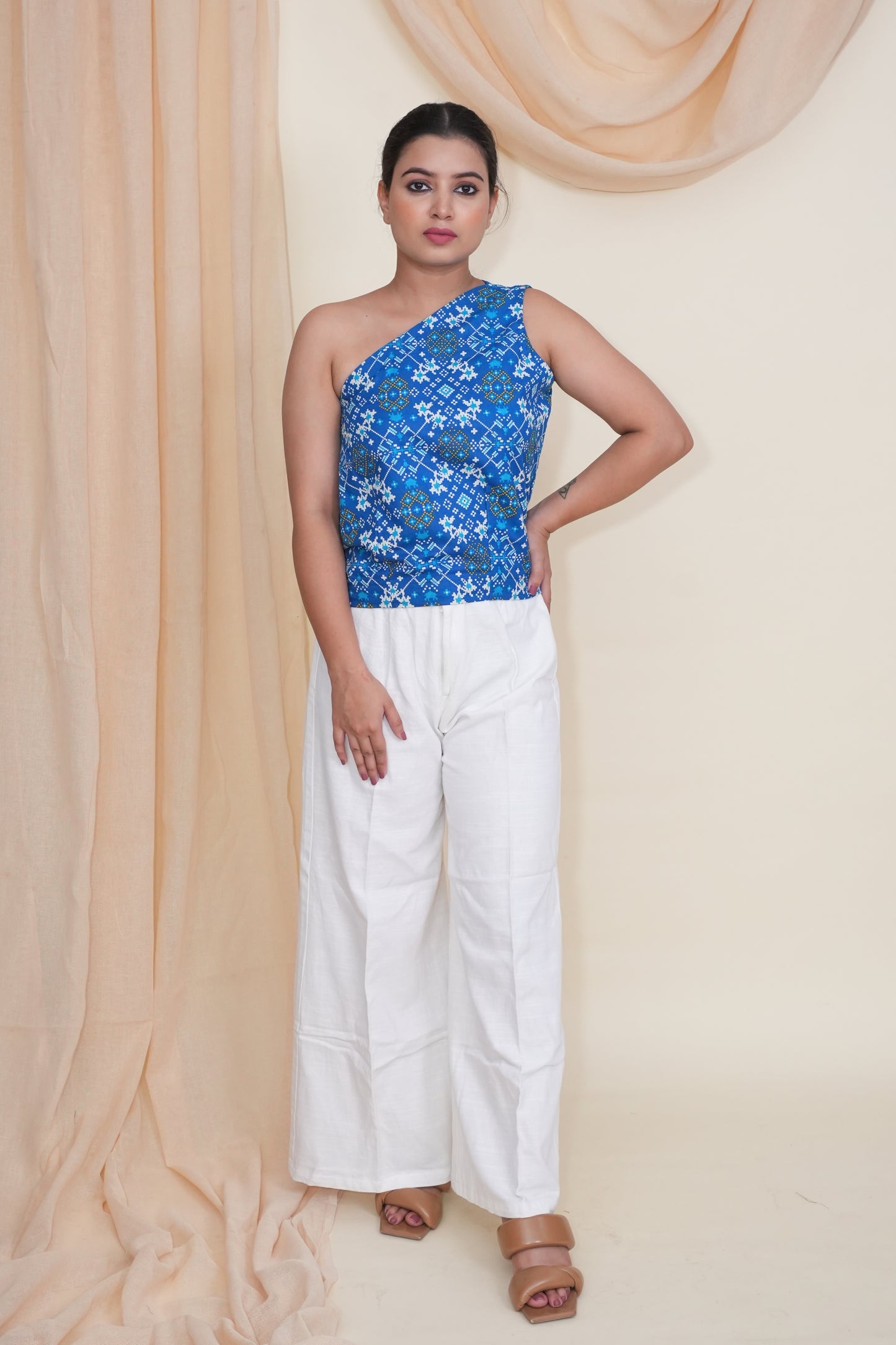 Blue One-Shoulder Printed Top