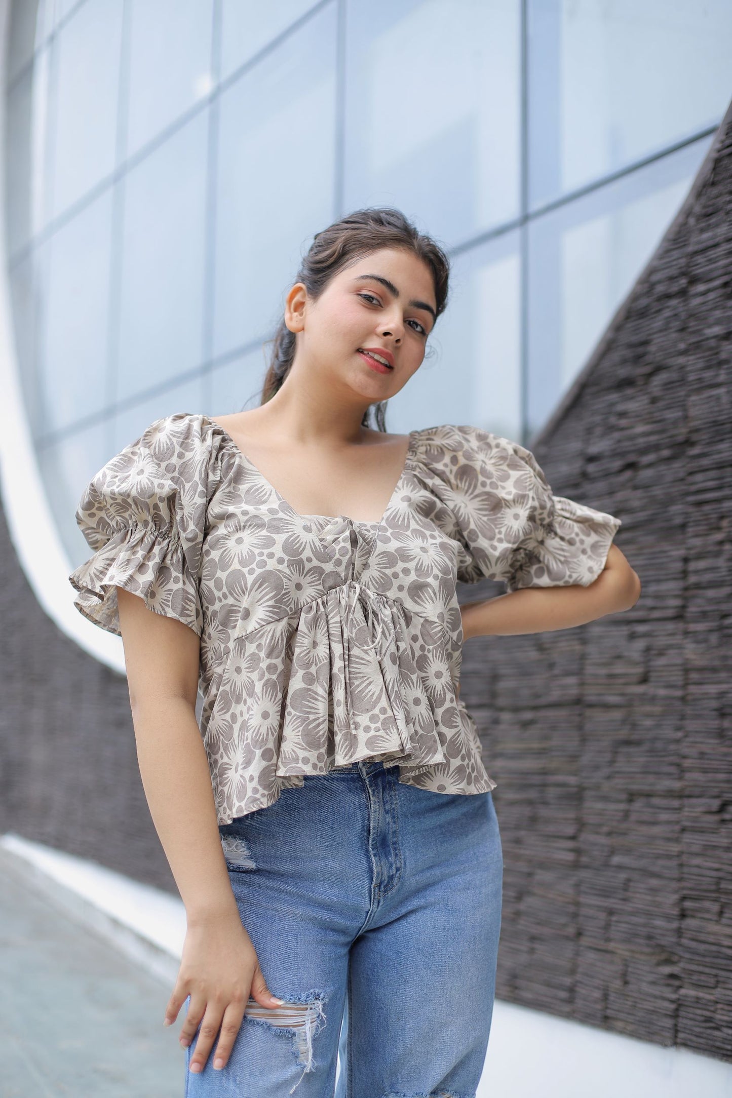 Clay Dabu Printed Puff Sleeve Crop Top
