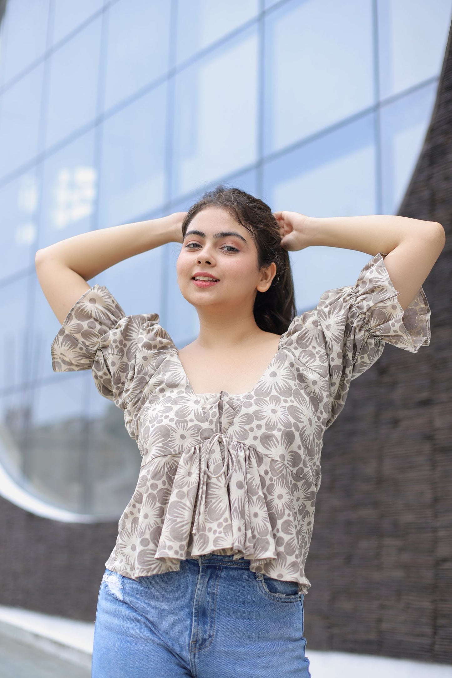 Clay Dabu Printed Puff Sleeve Crop Top