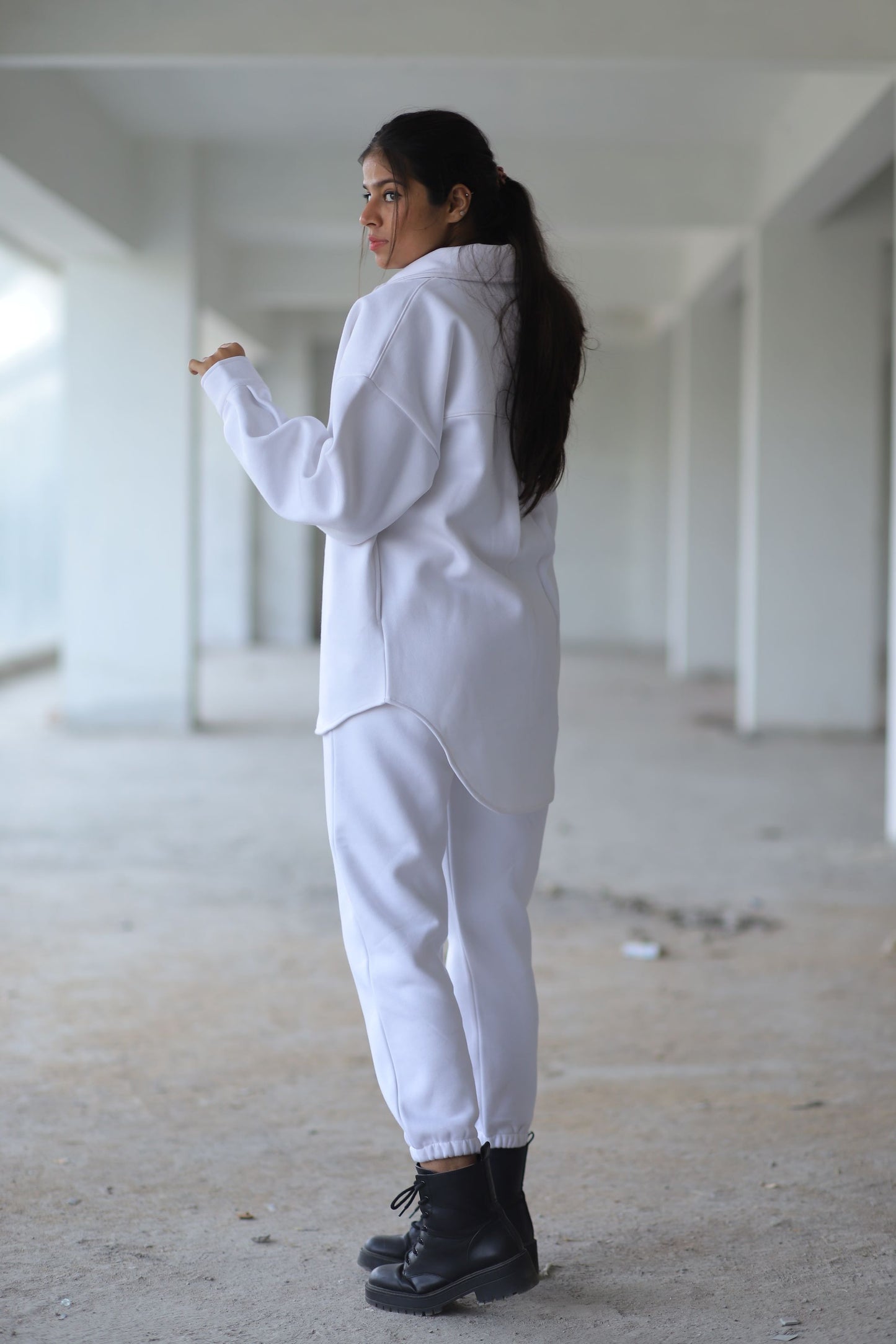 WOOLEN SHIRT & JOGGER SET For Women in Solid Color