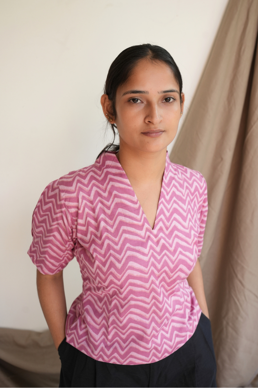 Pink Wave Cotton V-Neck Top