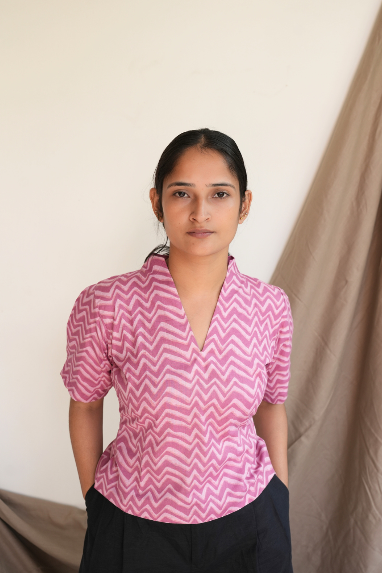 Pink Wave Cotton V-Neck Top