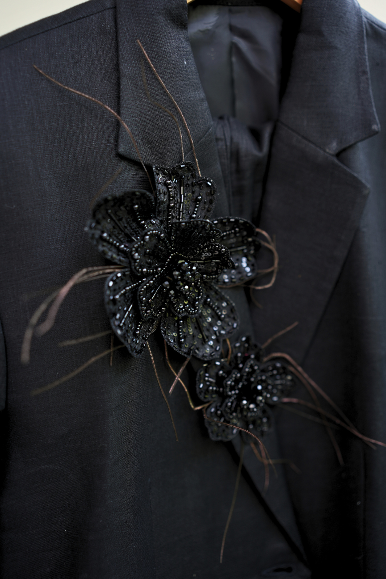 Linen Black Blazer for Women with Hand-Embroidered Floral Design