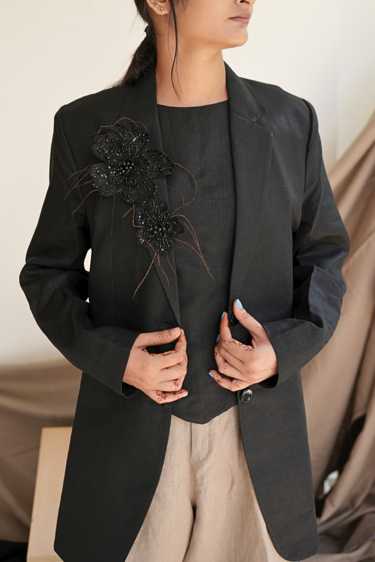 Linen Black Blazer for Women with Hand-Embroidered Floral Design