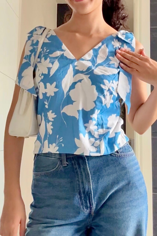 Blue Floral Bow Top