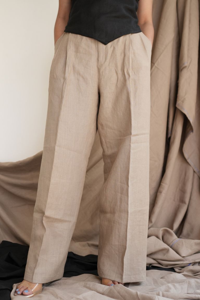 Taupe Linen Wide Leg Pants for Women | 100% Pure Linen