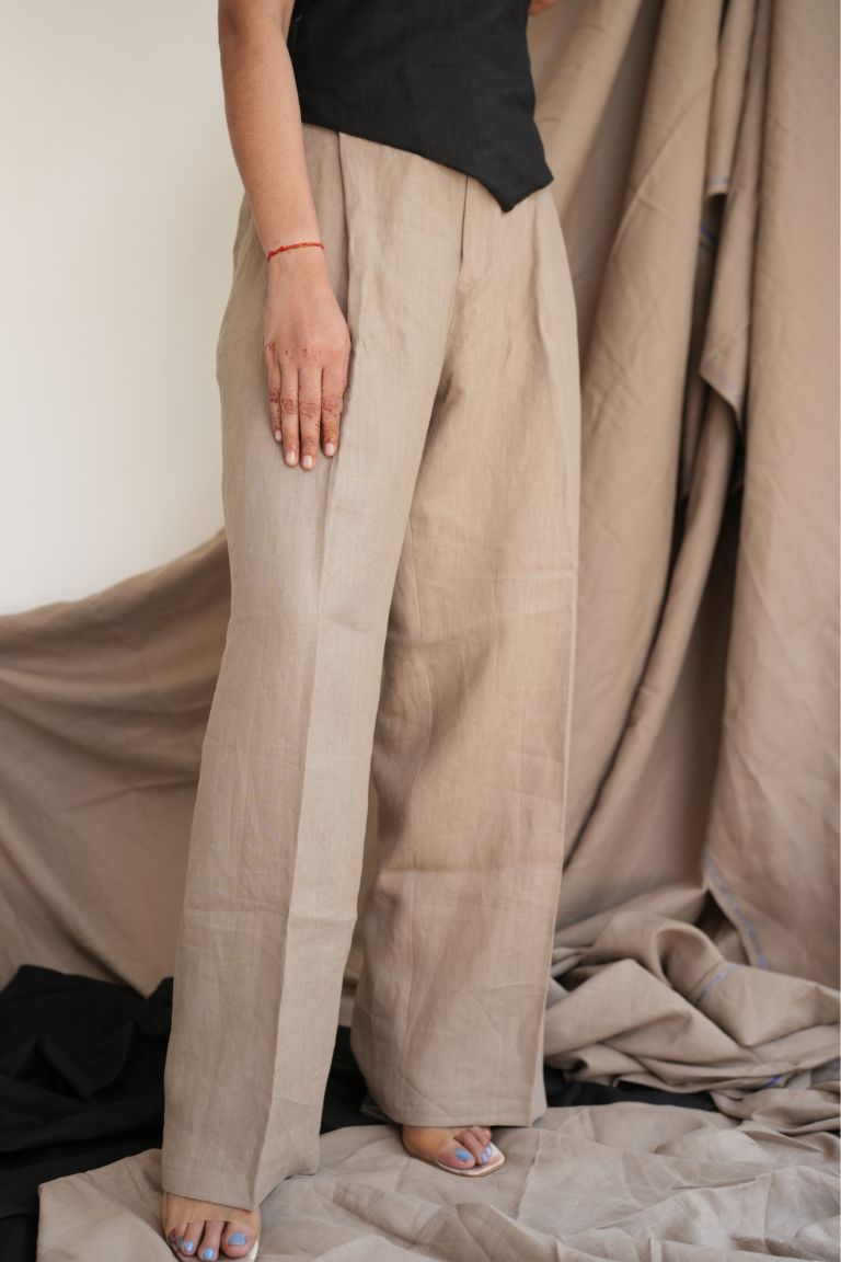 Taupe Linen Wide Leg Pants for Women | 100% Pure Linen