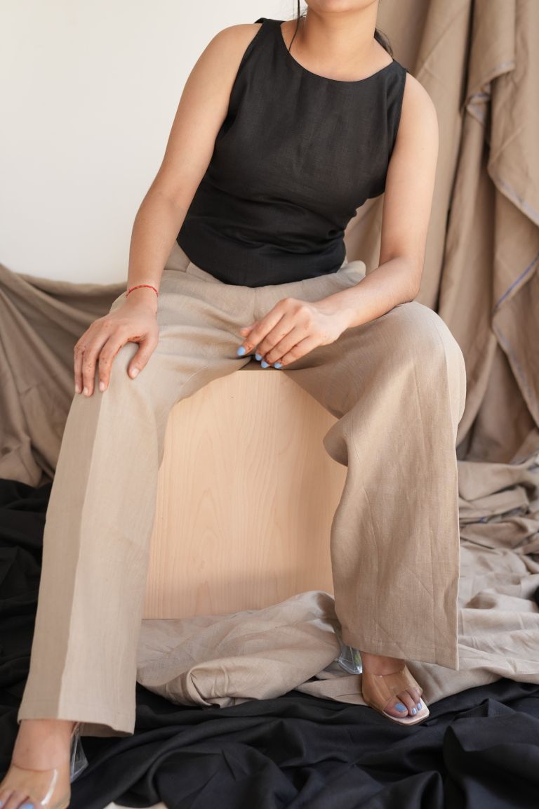 Taupe Linen Wide Leg Pants for Women | 100% Pure Linen