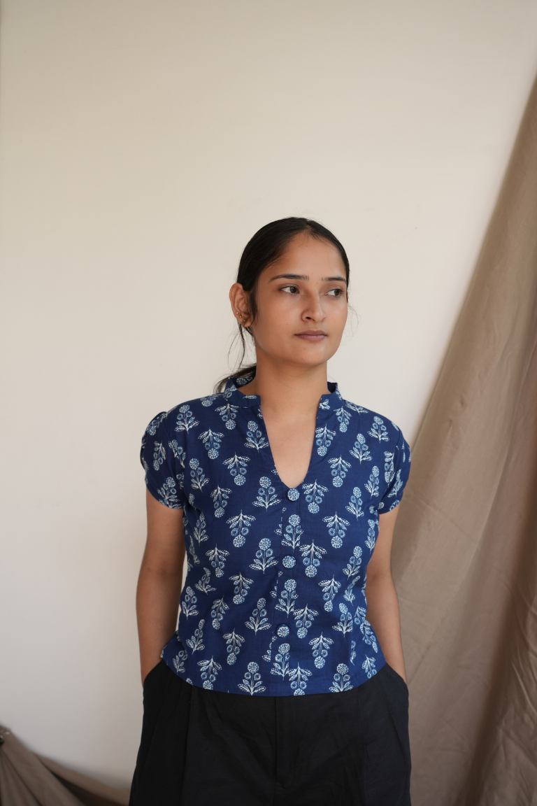 Indigo Printed Cotton Top