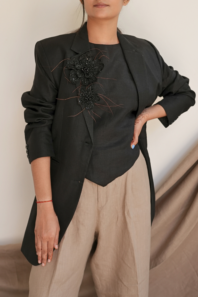 Linen Black Blazer for Women with Hand-Embroidered Floral Design