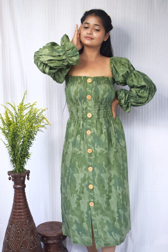 Camouflage-Off-Shoulder-Dress-With-Puff-Sleeves