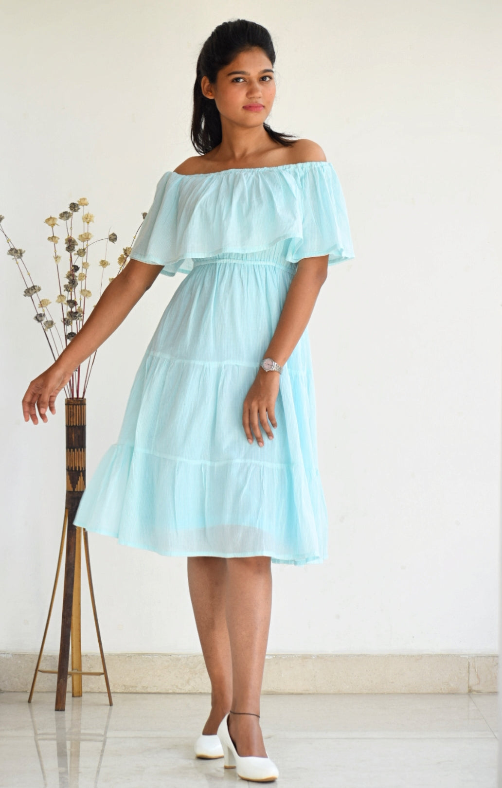 Striped-Print-Off-Should-casual-Dress