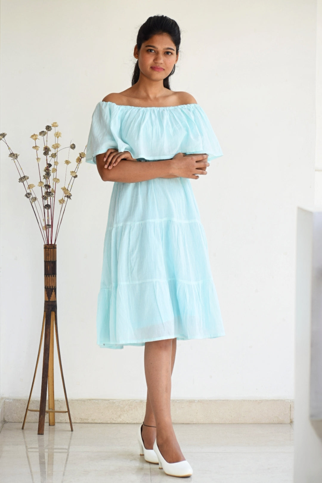 Striped-Print-Off-Should-casual-Dress
