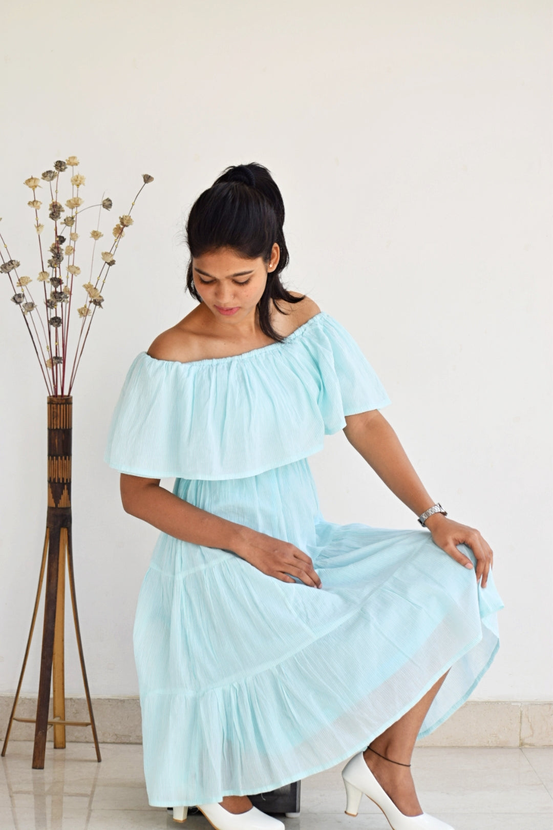 Striped-Print-Off-Should-casual-Dress