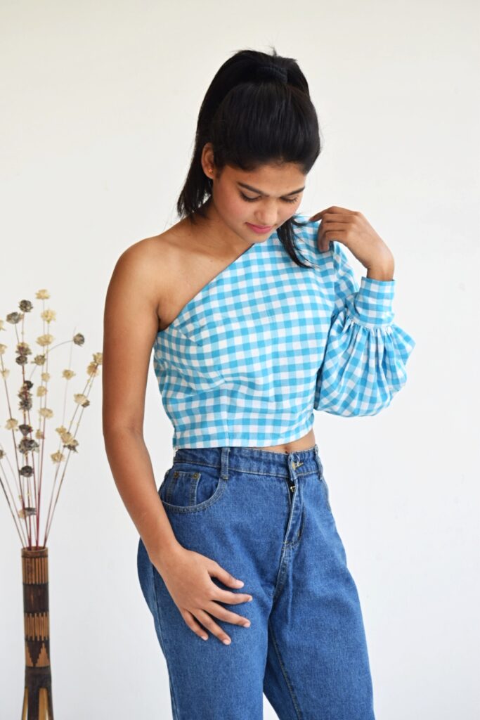 Gingham-One-Shoulder-Top