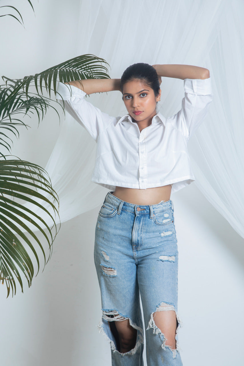 Women White Crop Shirt