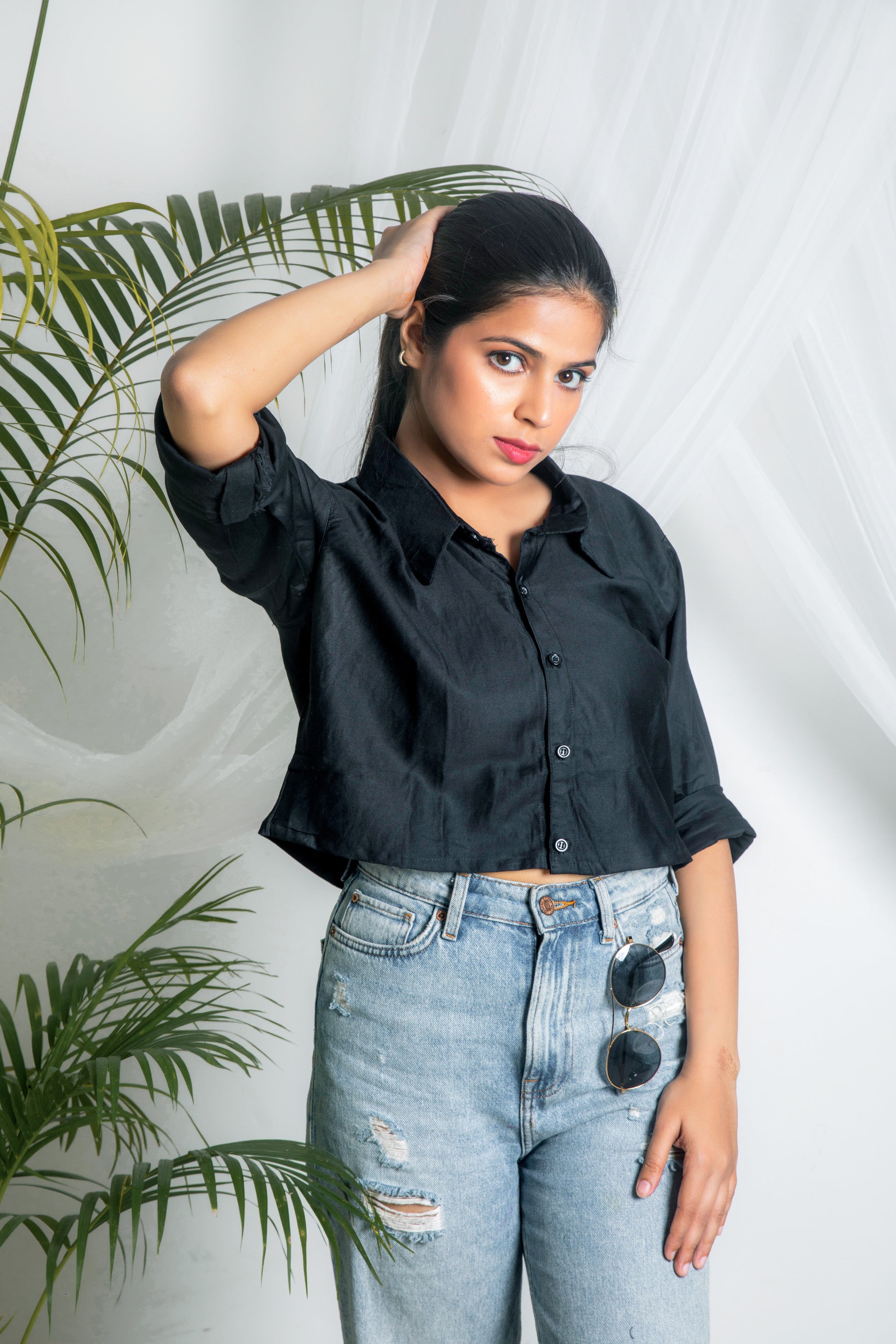 Women Black Crop Oversized Shirt