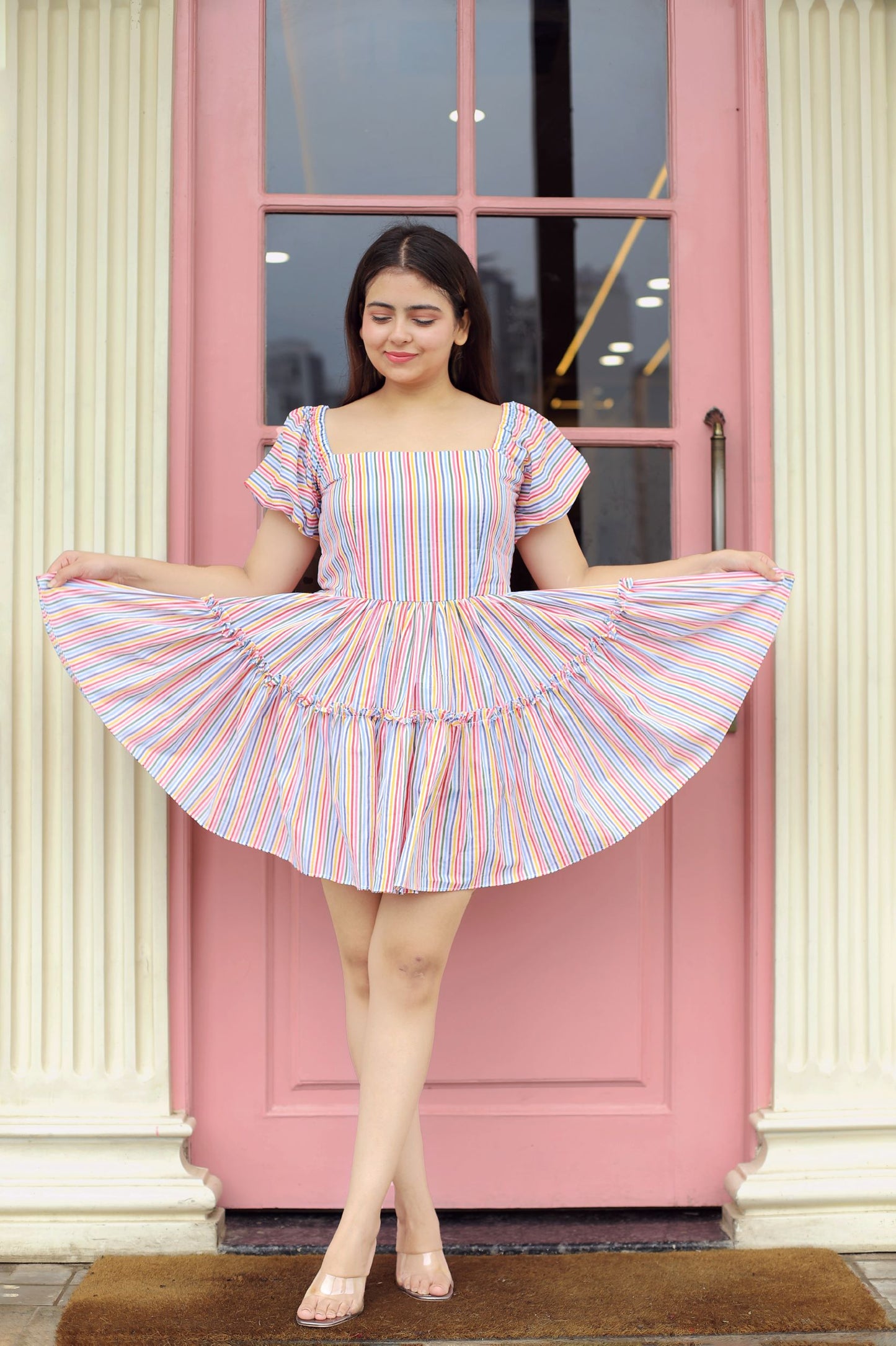 Multicolored Striped Puff Sleeve Dress