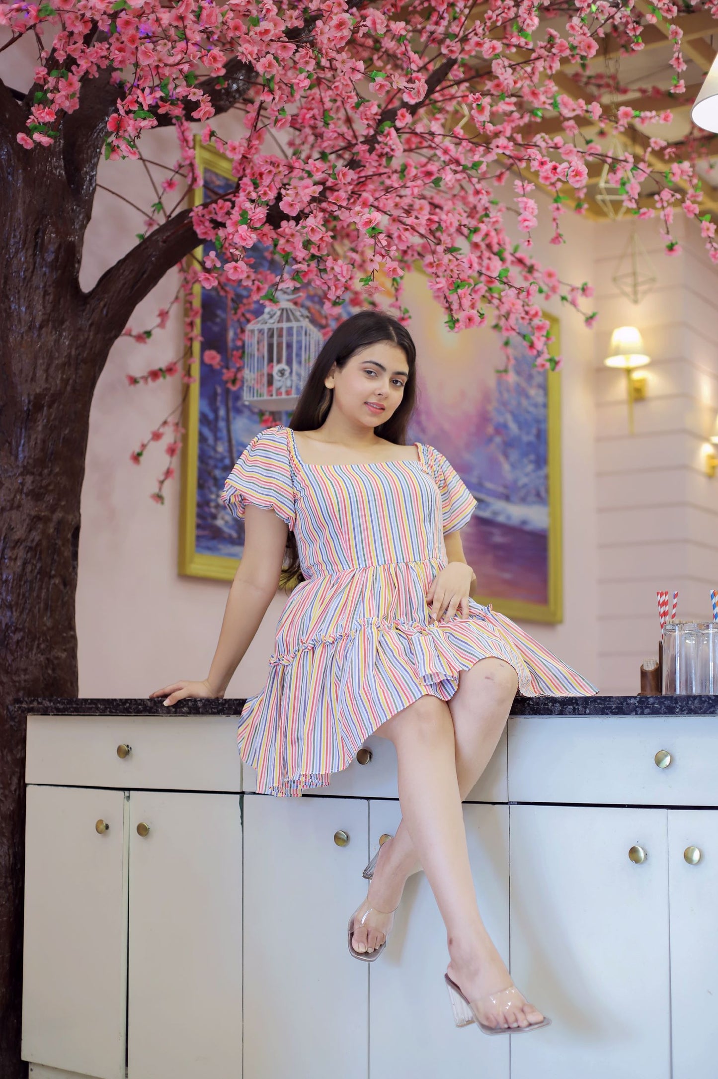 Multicolored Striped Puff Sleeve Dress