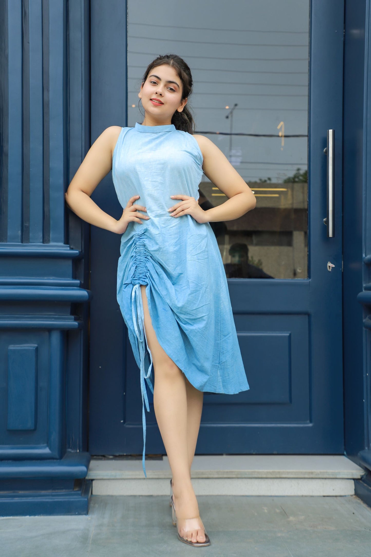 Tie-Up Sleeveless Indigo Ombre Dress For Women