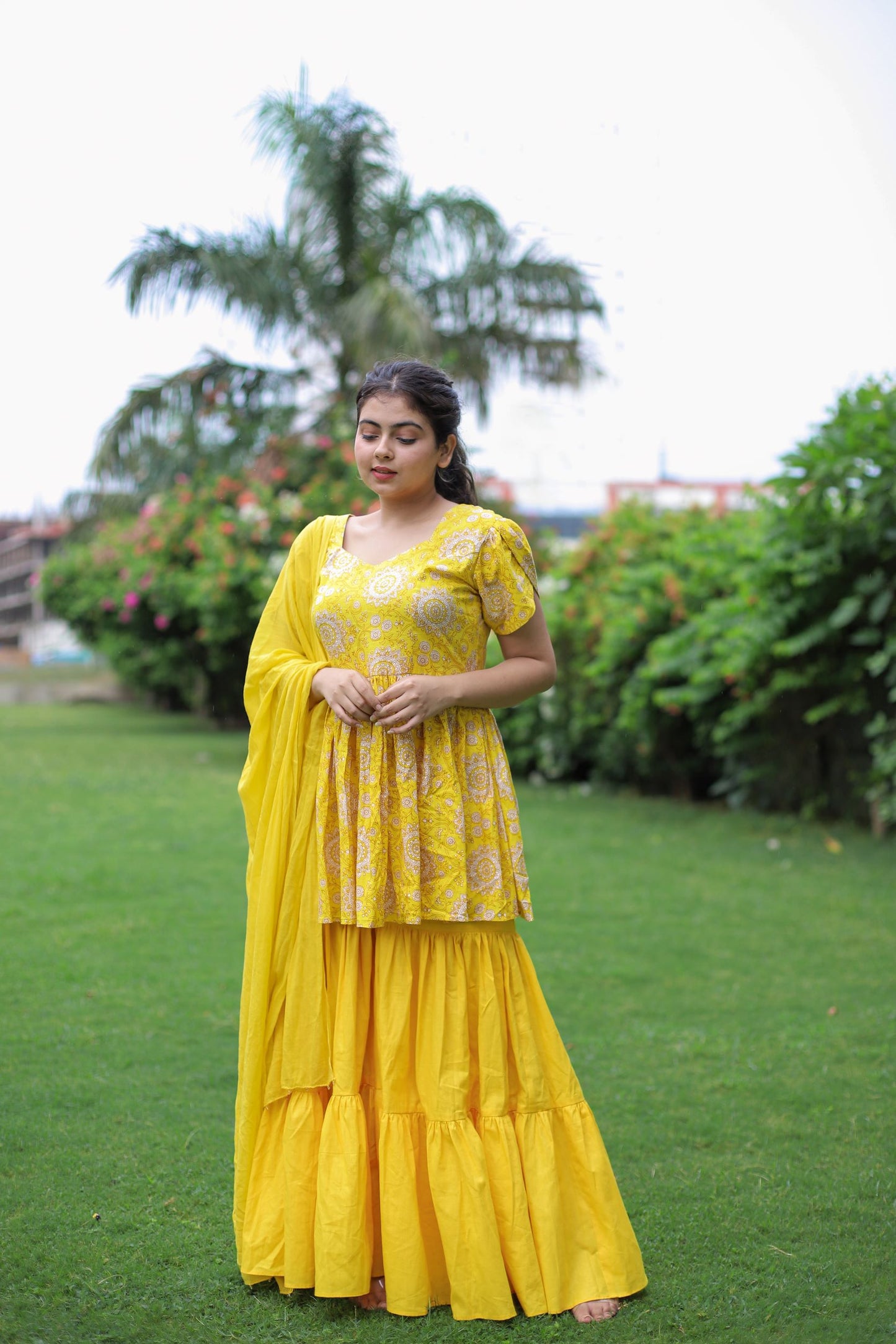 Mustard Cotton Gharara Suit Set for Women
