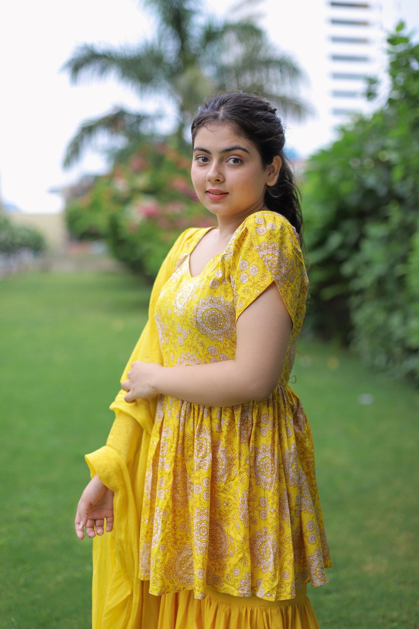 Mustard Cotton Gharara Suit Set for Women