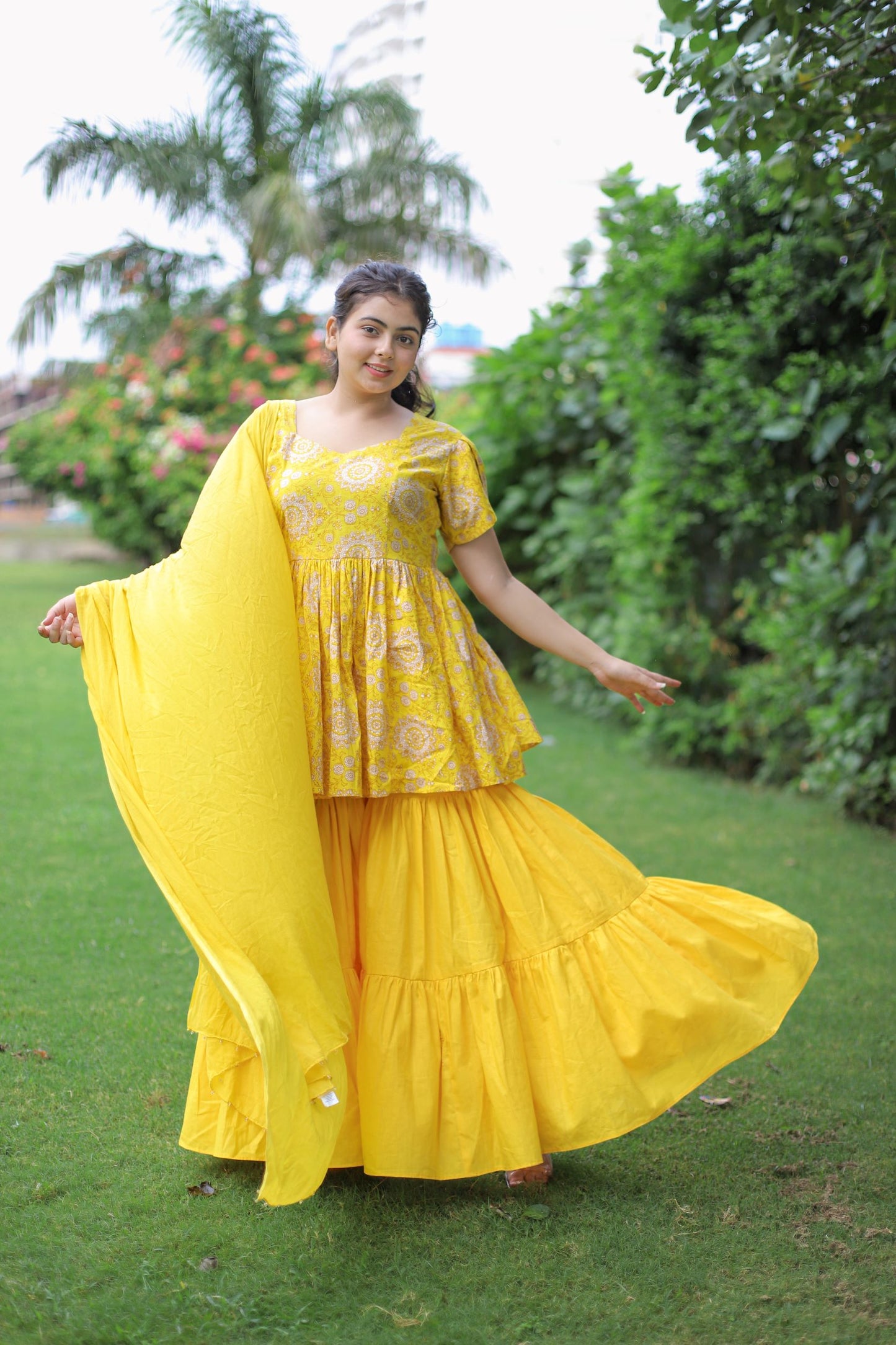Mustard Cotton Gharara Suit Set for Women