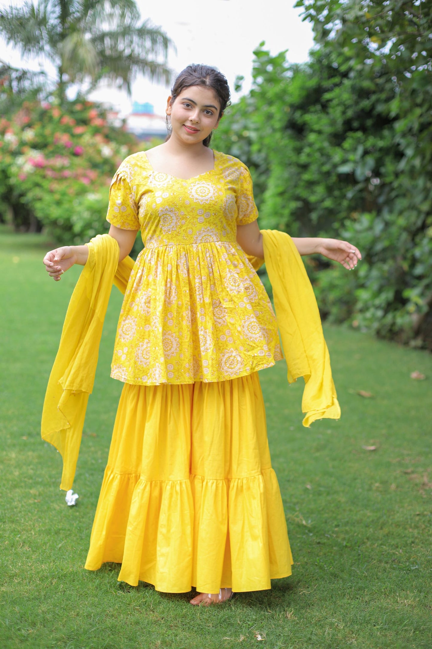Mustard Cotton Gharara Suit Set for Women